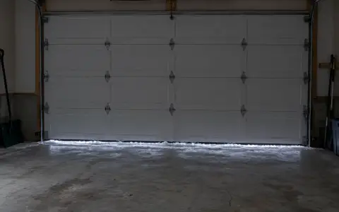 A closed garage door seen from inside in winter, frost along the bottom seal